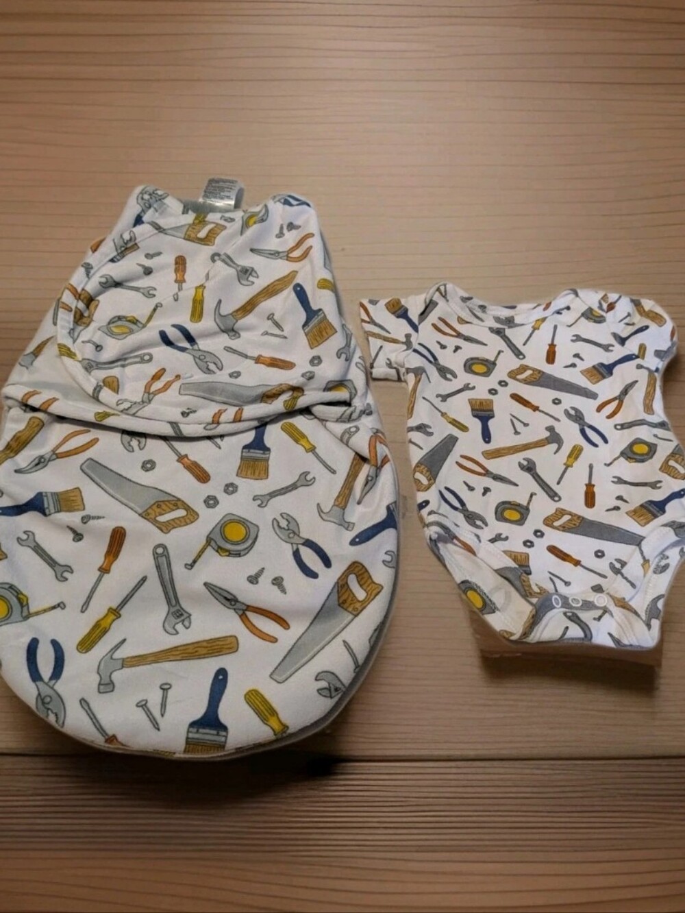 Baby Swaddle Sack and Onesie Set - White with Tool Print 0-3 Months Hudson baby
